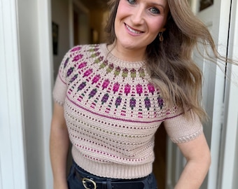 CROCHET PATTERN + VIDEO Starlight Short Sleeve Summer Tee | Mosaic Crochet Sweater Pattern | Top Down Yoke Adult Sizes Xs - 5xl