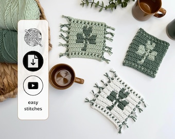 CROCHET PATTERN + VIDEO — Shamrock Coaster, Mug Rug, St Patrick’s Day Decor, Overlay Mosaic Pdf