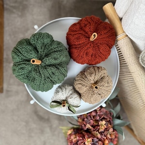 May include: Four knitted pumpkins in shades of green, orange, tan, and cream, arranged on a white tray. Each pumpkin has a wooden stem. A green ribbon adorns the smallest pumpkin. The pumpkins are a fall-themed decorative item.