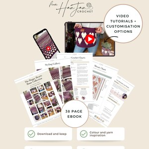 Op de afbeelding: Advertentie voor een PDF-haakpatroon met een paarse tas met witte harten, video tutorials en haakdiagrammen. De tekst luidt "PDF Crochet Pattern" en "38 Page Ebook".
