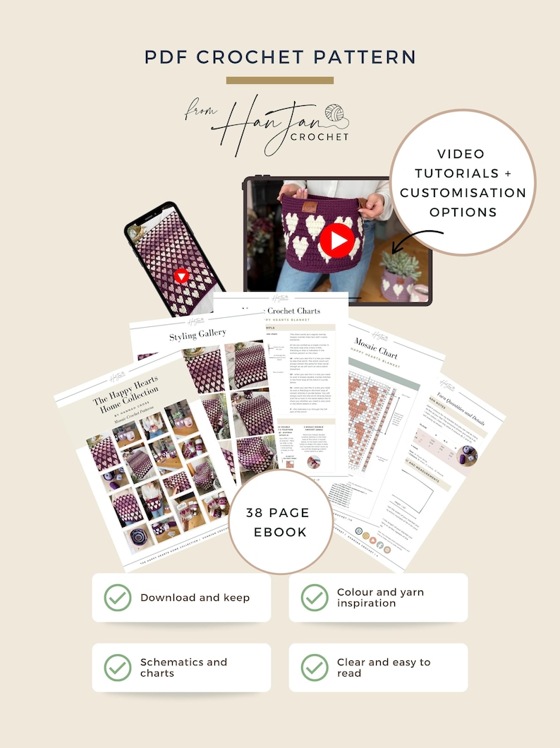 Op de afbeelding: Advertentie voor een PDF-haakpatroon met een paarse tas met witte harten, video tutorials en haakdiagrammen. De tekst luidt "PDF Crochet Pattern" en "38 Page Ebook".