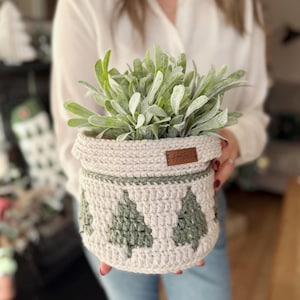 May include: A crocheted plant pot in a neutral colour, featuring a design of green Christmas trees. The pot holds a green leafy plant. A small brown tag with the word "Hunter" is attached to the pot.