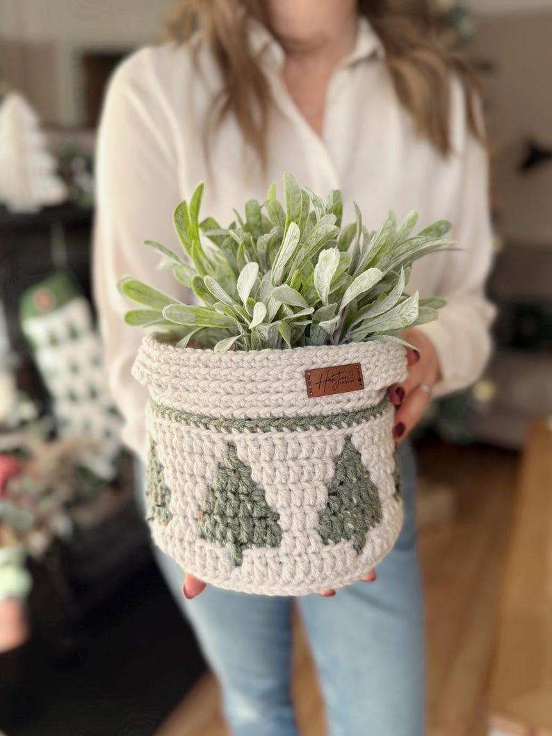 May include: A crocheted plant pot in a neutral colour, featuring a design of green Christmas trees. The pot holds a green leafy plant. A small brown tag with the word "Hunter" is attached to the pot.