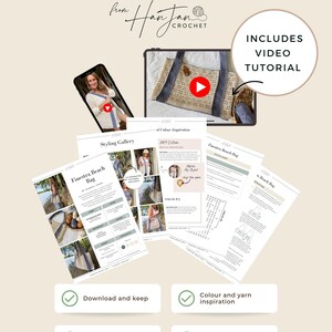 Puede incluir: Un patr&oacute;n de ganchillo en PDF digital para el bolso de playa Finestra de HanJan Crochet. El documento incluye un tutorial en v&iacute;deo, galer&iacute;a de estilos, inspiraci&oacute;n de color, detalles de hilo, esquemas y gr&aacute;ficos. El dise&ntilde;o muestra texto, diagramas y fotos del bolso terminado.