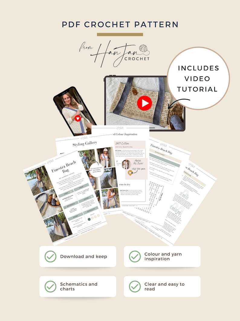 Puede incluir: Un patr&oacute;n de ganchillo en PDF digital para el bolso de playa Finestra de HanJan Crochet. El documento incluye un tutorial en v&iacute;deo, galer&iacute;a de estilos, inspiraci&oacute;n de color, detalles de hilo, esquemas y gr&aacute;ficos. El dise&ntilde;o muestra texto, diagramas y fotos del bolso terminado.