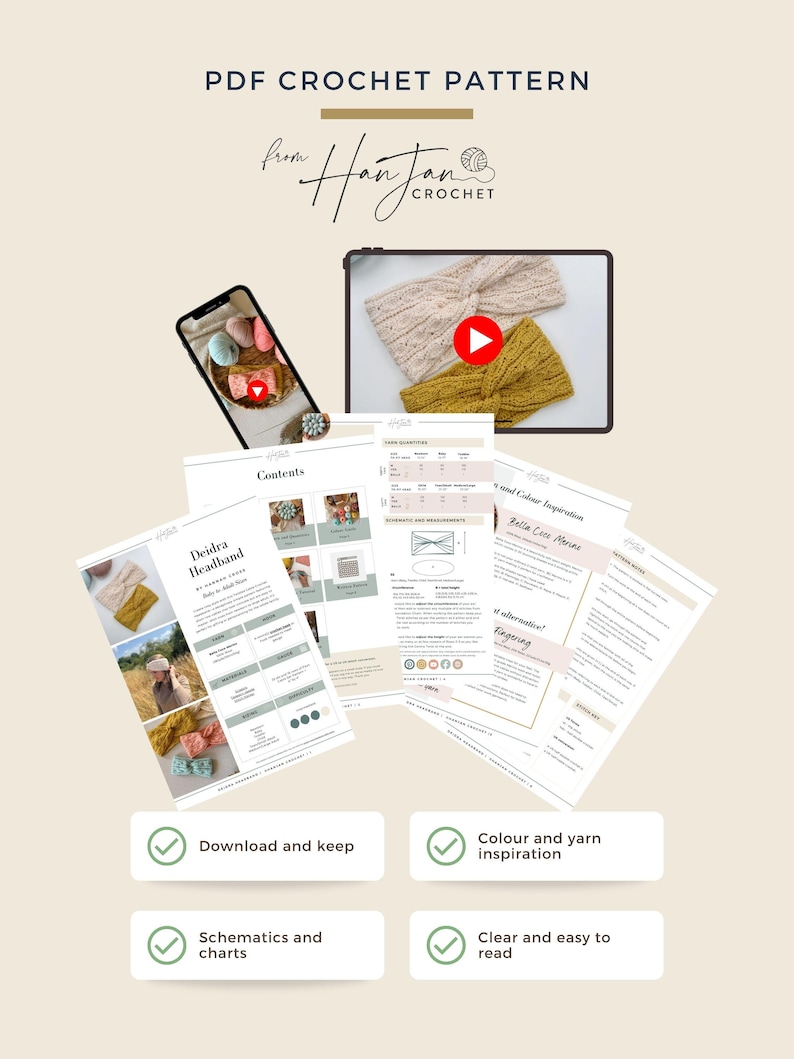 May include: A PDF crochet pattern advertisement featuring a headband design. The image includes a tablet and phone displaying the headband, along with pattern pages. Text includes "PDF Crochet Pattern" and "Deidra Headband".
