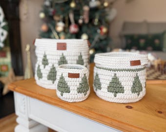 CROCHET PATTERN + VIDEO - Twinkling Trees Mosaic Crochet Baskets — 3 Nesting Sizes storage, gift, plantholder, Charts Included in Pdf