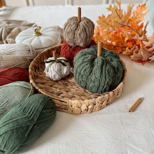 Puede incluir: Una colección de calabazas tejidas a mano en varios colores, incluyendo verde, marrón y blanco, dispuestas sobre una bandeja tejida. Cada calabaza presenta un tallo de canela. Ovillos de lana y hojas de otoño completan la exhibición temática otoñal.