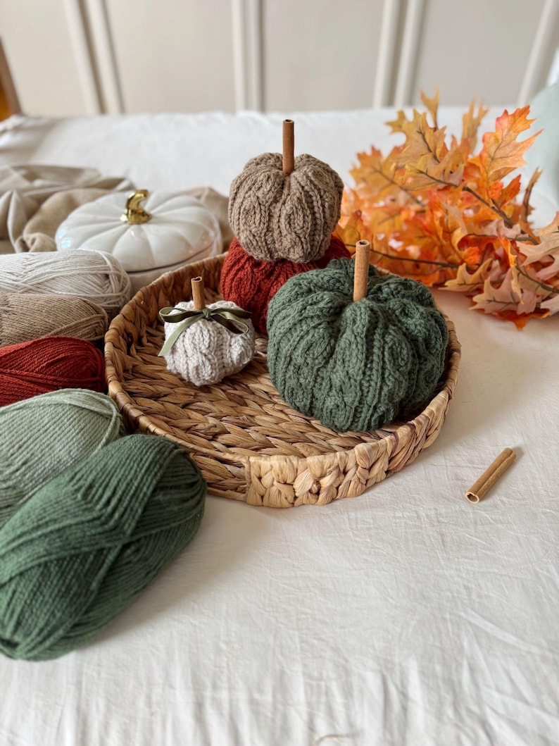 May include: A selection of hand-knitted pumpkins in shades of green, brown, and white, presented on a woven tray. Each pumpkin has a cinnamon stick stem. Skeins of yarn and autumn leaves enhance the seasonal display. The pumpkins are a charming autumn decoration.
