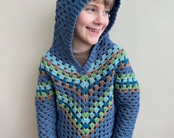 CROCHET PATTERN & VIDEO | Baby Hoodie Pattern | Granny Stitch Child Crochet Hoodie | Sizes Newborn to 10 Years Pdf