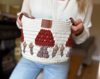 PATTERN + VIDEO – Crochet Mushroom Basket — 3 Nesting Sizes, Woodland Crochet Decor, Mosaic Basket PDF