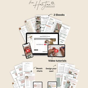 May include: Image of PDF crochet patterns, including ebooks, video tutorials, mosaic charts, and ready-made colour schemes. The image features a laptop, tablet, and smartphone displaying the patterns, with the text "PDF Crochet Patterns" at the top.