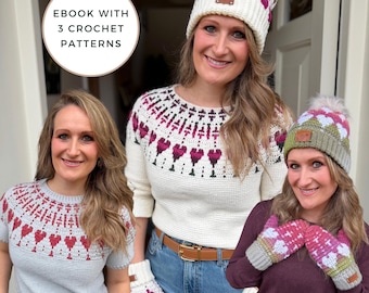 Heart Crochet Pattern Collection | Sweater, Hat & Mittens | Mosaic Crochet Ebook PDF | XS–5XL | DK Yarn