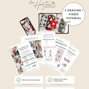 May include: A PDF crochet pattern from HanJan Crochet. The image features a tablet displaying crochet bottle covers with Christmas tree designs, a phone with a video, and pattern instructions. Includes 4 designs and a video tutorial.