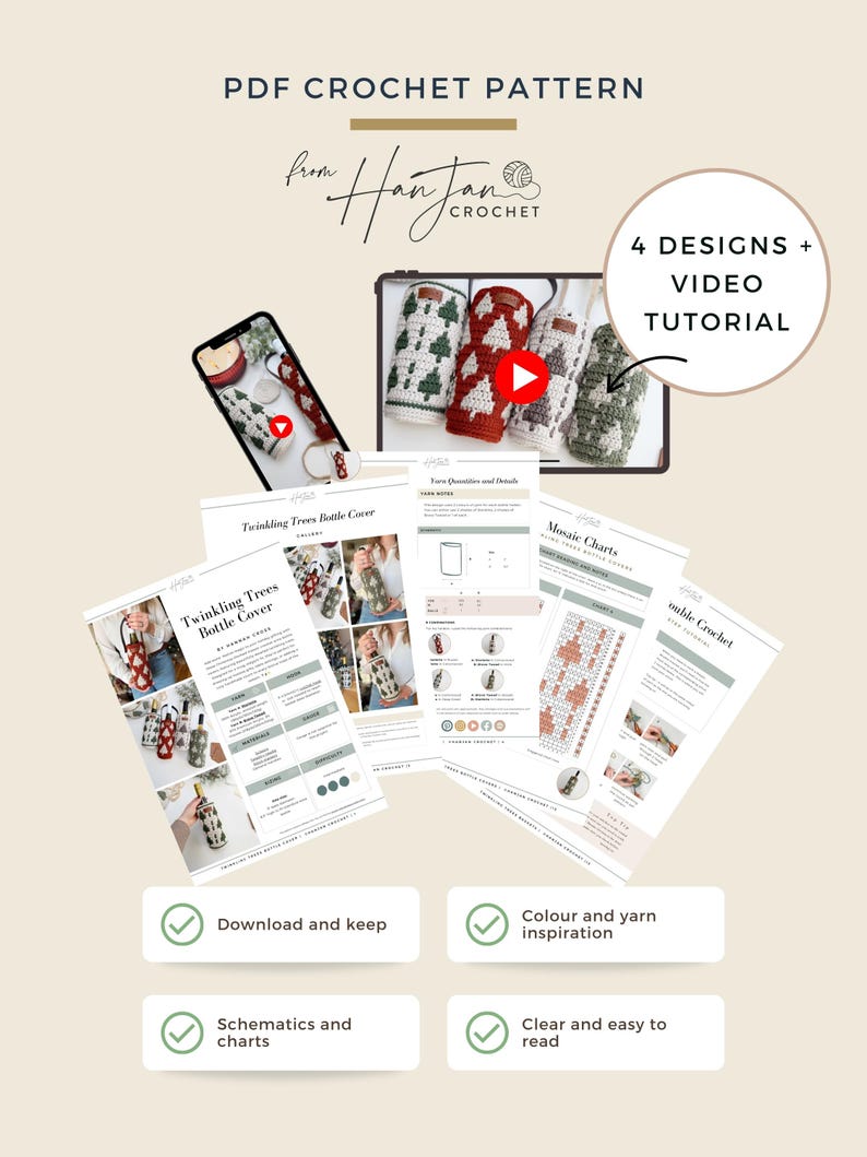 May include: A PDF crochet pattern from HanJan Crochet. The image features a tablet displaying crochet bottle covers with Christmas tree designs, a phone with a video, and pattern instructions. Includes 4 designs and a video tutorial.