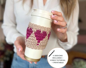 CROCHET PATTERN + VIDEO — Happy Hearts Coffee Cup Cozy — Mosaic Crochet Heart Cozy Pdf — Valentine Mug Sleeve, Charts Included