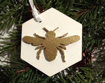 Honeybee Christmas Ornament // Bee Holiday Ornament //  Christmas Tree Ornament // Wooden Xmas Decor // Scandinavian Christmas // White Gold