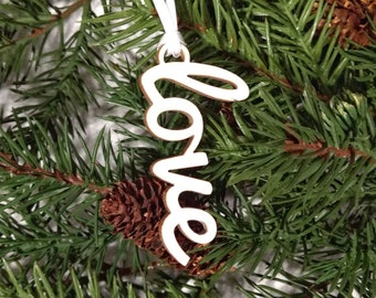 Love Christmas Ornament // Wooden Holiday Ornament //  Christmas Tree Ornament // Xmas Decor // Gift Topper // Typography Decor // Peace