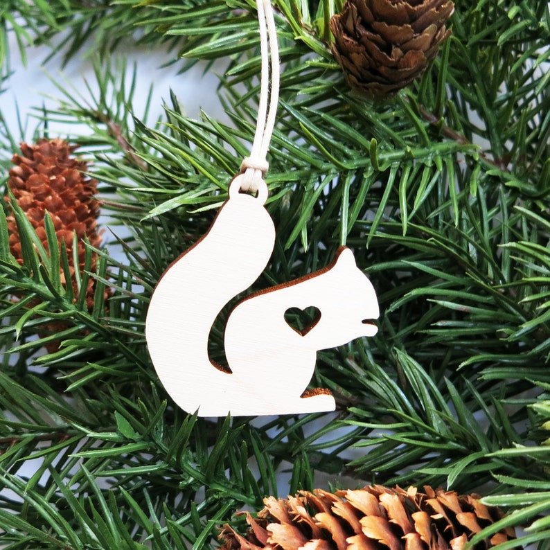 Squirrel Christmas Ornament // Woodland Holiday Decor // Wooden Christmas Tree Ornament // Squirrel With Heart // Giftable Ornament // Xmas image 1