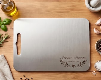 Personalized Engraved Stainless Steel Cutting Board, Couple Names Newlywed Gift, Wedding Anniversary Gift, Housewarming  Kitchen Gift