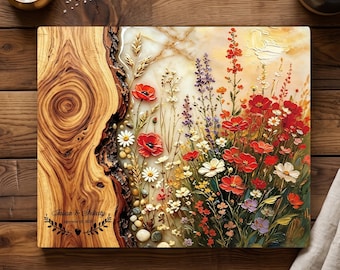 Personalized Glass Cutting Board, Glass Charcuterie Board Printed With Wood Grain, Wildflowers, Ocean Waves, Wedding Gift, Housewarming Gift