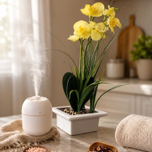 May include: A white, rounded essential oil diffuser emitting a vertical stream of mist, positioned next to a square white planter containing yellow orchid flowers, green foliage, and small pebbles, with a wooden bowl of pink salt and a wooden scoop.