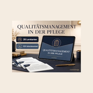 May include: A digital tablet displaying the text QUALITÄTSMANAGEMENT IN DER PFLEGE with a clipboard icon, accompanied by a stack of printed cards. The screen also shows the text CooviaDesign. Two buttons indicate 28 Lernkarten and PDF-Sofortdownload.