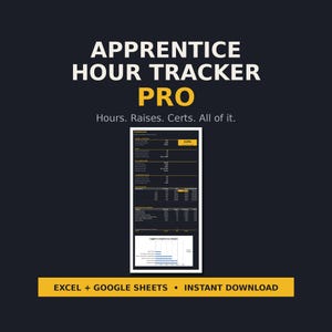 Könnte beinhalten: Eine digitale Tabellenvorlage mit dem Titel APPRENTICE HOUR TRACKER PRO und dem Untertitel Hours. Raises. Certs. All of it. Die Benutzeroberfläche hat einen dunklen Hintergrund mit gelben Akzenten und zeigt Datentabellen sowie ein Balkendiagramm.
