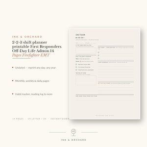 May include: A printable 14-page shift planner for first responders featuring a cream-colored daily page titled ON TOUR. The layout includes sections for top three tasks, water intake, shift schedule, and daily habits with black text on a light background.