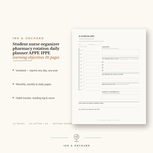 Student nurse organizer pharmacy rotation daily planner APPE IPPE learning objectives 16 pages Letter A4 Instant Download