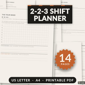 Peut inclure: Un planificateur de travail PDF imprimable de 14 pages avec une mise en page de planning 2-2-3. Le document comprend une grille pour suivre les cycles de travail, des sections pour les ancres de cycle et les tâches prioritaires.