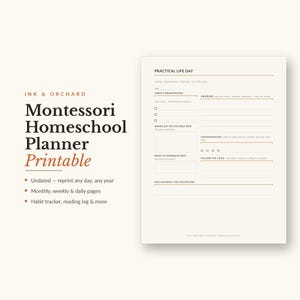 May include: A printable Montessori homeschool planner page titled Practical Life Day with sections for presentations, observations, works on the shelf, concentration levels, and notes, featuring dark brown text on a light cream background.