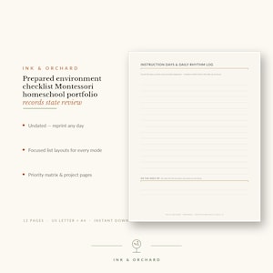 May include: A printable document titled INSTRUCTION DAYS & DAILY RHYTHM LOG with lined sections for tracking educational activities. The page includes headers and sub-headers in black and brown text on a cream background, designed for record keeping.
