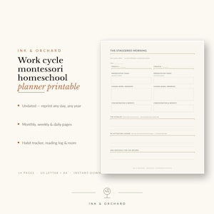 May include: A digital Montessori homeschool planner printable by Ink & Orchard. The document features a section titled The Staggered Morning with fields for two children, presentation notes, chosen work, concentration, overlap, and a daily record.