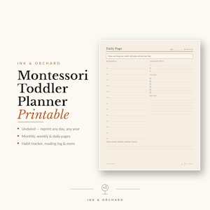 May include: A beige daily planner page for toddlers with dark brown text. The header reads Daily Page with fields for date and day. Sections include a schedule, Today's Top 3, a to-do list with checkboxes, notes, and a One Good Thing From Today line.