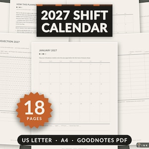 May include: A 2027 shift calendar planner with 18 pages in US Letter and A4 sizes. The document features a monthly grid for January 2027, a shift projection chart, and trade tracking tables with black text on a light cream background.
