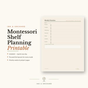 May include: A printable planner page titled Weekly Priorities with a list for Monday through Sunday, featuring checkboxes and a section for extra tasks. The text Ink & Orchard Montessori Shelf Planning Printable is displayed on the left side.