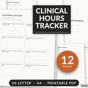 Pode incluir: Um documento PDF imprimível de 12 páginas para rastreamento de horas clínicas em tamanho A4. As páginas apresentam texto preto em papel branco, incluindo seções intituladas The Parking-Lot Dump, Diagnosis (PES) Builder e Care Plan Workbook.