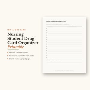 Nursing Student Planner Printable - Drug Card Organizer, Pharmacology Master List, High-Alert Meds, Lab Reference PDF Instant Download