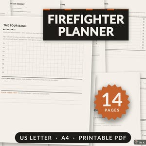 May include: A printable 14-page firefighter planner in US Letter and A4 sizes. The document features a cream background with black text, including sections titled The Tour Band, Cycle Anchors, and Claim These First, with a grid for scheduling.