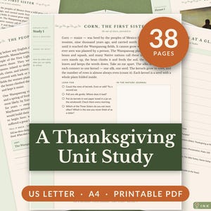Könnte beinhalten: Ein druckbares Thanksgiving-Lernmodul als PDF mit 38 Seiten. Das Dokument enthält den Text Corn, The First Sister, Studienführer und Abschnitte für ein Naturtagebuch. Es ist in den Formaten US Letter und A4 erhältlich.