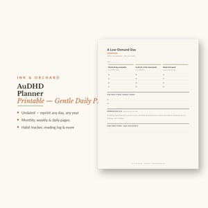 AuDHD Planner Printable — Gentle Daily PDF for Late-Diagnosed Adults, PDA-Friendly Spoon Energy and Time-Blindness Tracking, Instant Downloa