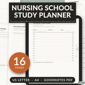 Puede incluir: Un planificador de estudios de enfermería digital en una pantalla de tableta, con un diseño de 16 páginas que incluye listas de cuenta regresiva NCLEX, formularios de autopsia de exámenes y secciones de repaso espaciado en formato A4.