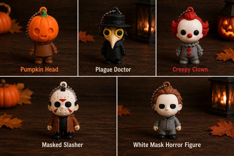 May include: Five small horror-themed keychains featuring a Pumpkin Head, a Plague Doctor in a black coat, a Creepy Clown with red hair, a Masked Slasher with a hockey mask, and a White Mask Horror Figure, each with a silver ball chain attached.