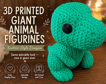 May include: A bright green 3D printed dinosaur figurine with a textured surface that mimics a knitted pattern. The figure features a large head, a rounded snout, and a smooth black circular eye. Text on the image reads 3D PRINTED GIANT ANIMAL FIGURINES.