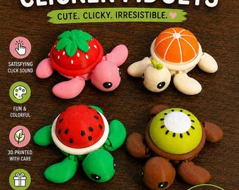 May include: Four turtle-shaped fidget toys with fruit-themed shells: a red strawberry, an orange citrus slice, a red watermelon, and a green kiwi. The text reads Fruit Turtle CLICKER FIDGETS, CUTE. CLICKY. IRRESISTIBLE., and TINY FRUIT TURTLES, BIG FUN!