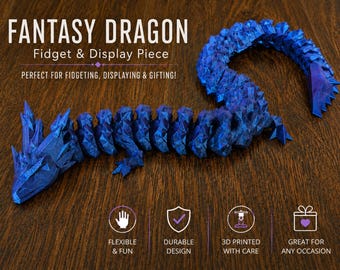 May include: A blue articulated dragon figure with a geometric, faceted texture. The text FANTASY DRAGON FIDGET & DISPLAY PIECE is visible above the dragon, with icons and text below including FLEXIBLE & FUN, DURABLE DESIGN, 3D PRINTED WITH CARE, and GREAT FOR ANY OCCASION.