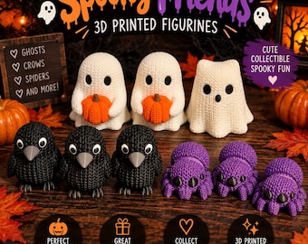 May include: A collection of 3D printed figurines featuring three white ghosts, two of which hold orange pumpkins, three black crows with white eyes, and three purple spiders. The text Spooky Friends 3D Printed Figurines is displayed above the items.