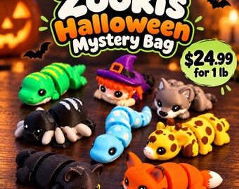 May include: A Zookis Halloween Mystery Bag featuring various articulated plastic animal figures including a green lizard, a witch, a gray wolf, a black spider, a blue snake, a yellow giraffe, a black cat, and an orange fox, with text reading Zookis Halloween Mystery Bag.