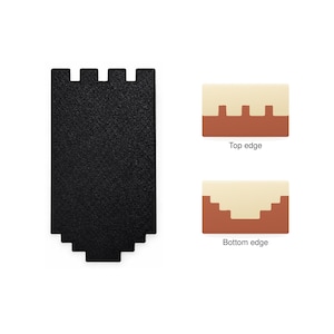 May include: A black rectangular tool with a textured surface, featuring a notched top edge with three square cutouts and a stepped, pixelated bottom edge. Two smaller diagrams illustrate the top edge and the bottom edge in cream and terracotta.